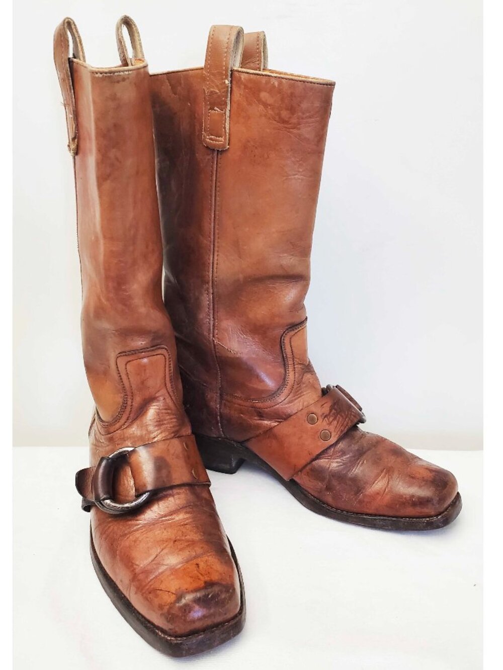 Vintage FRYE 1970's Black Label Brown Engineer Harness Boots Square Toe USA 12D